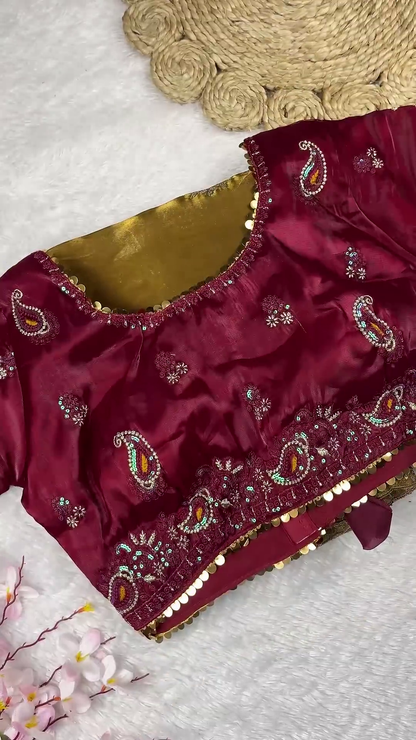 Wine Burgundy Silk Paisley Blouse with Olive Gold Shimmer Dupatta