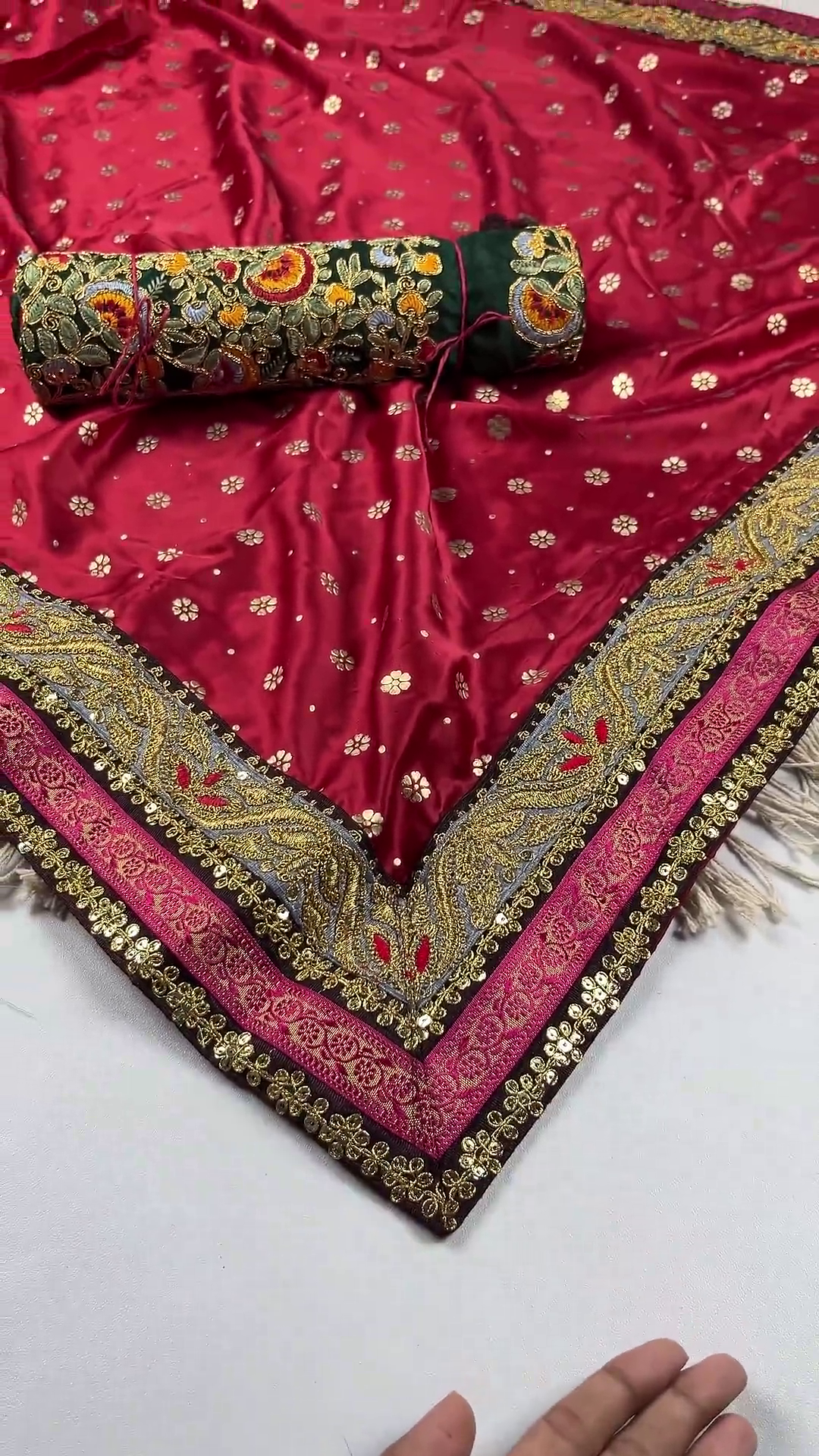 Maroon Silk Saree with Heavy Zari Border and Multi-Color Embroidered Blouse