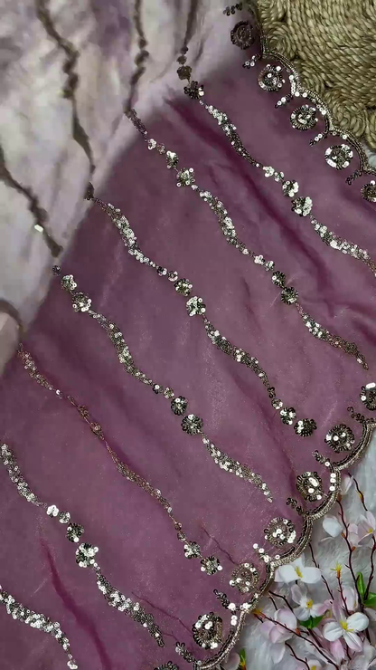 Mauve Pink Designer Blouse with Vertical Sequin Trails and Scalloped Hem