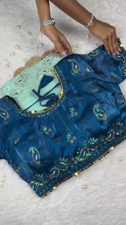 Teal Blue Silk Paisley Blouse with Mint Green Shimmer Dupatta