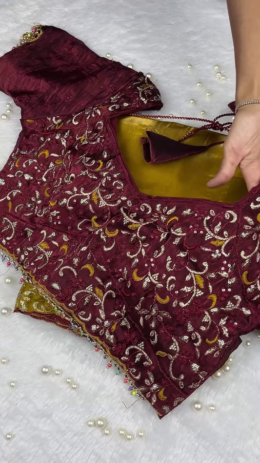 Wine Burgundy Embroidered Silk Blouse with Mustard Satin Lining