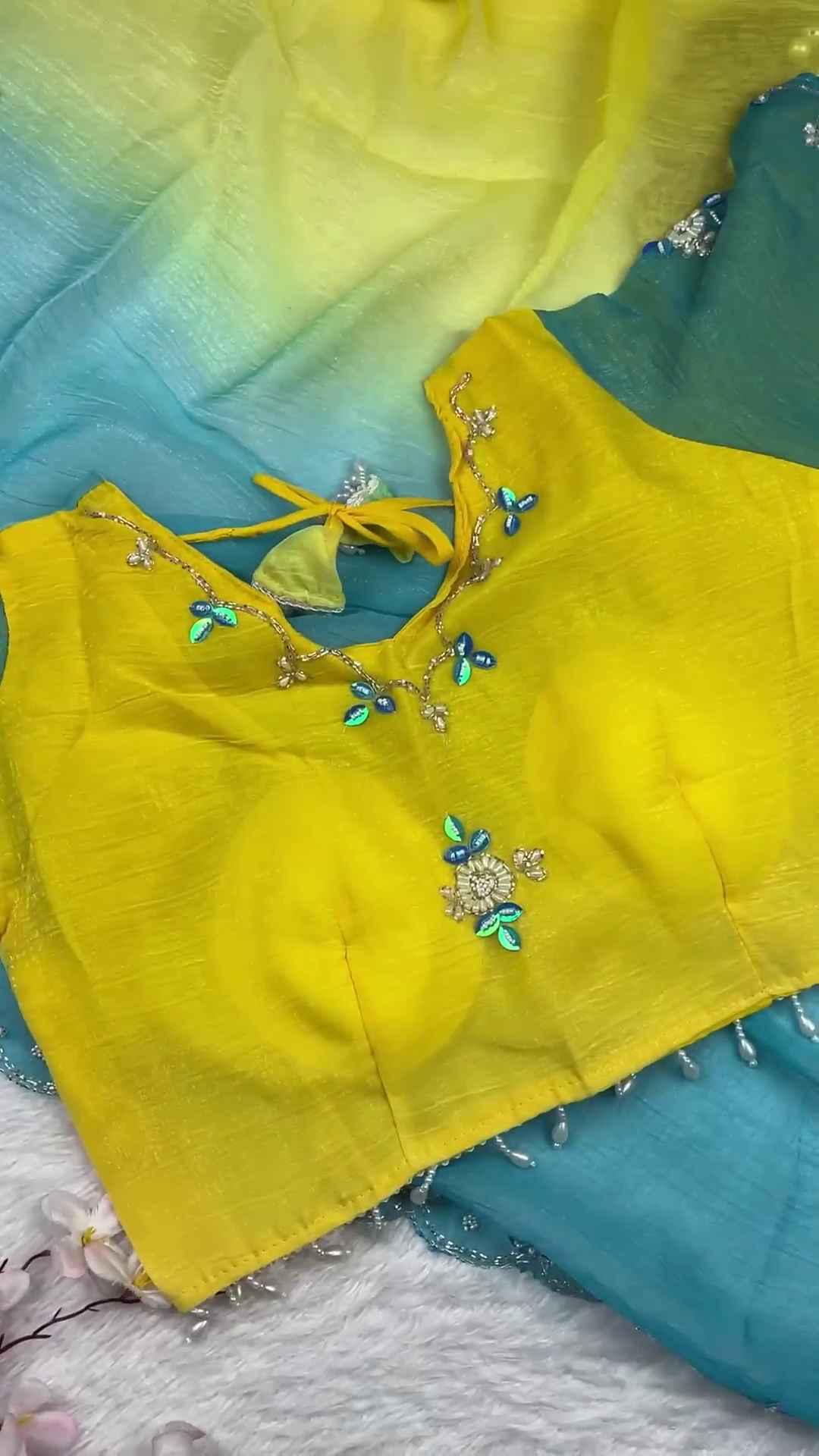 Lemon Yellow Chanderi Silk Blouse with Teal Blue Leaf Embroidery
