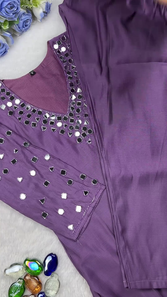 Mauve Lavender Cotton-Silk Kurti with Hand-Placed Mirror Work