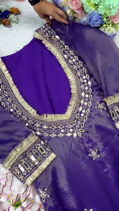 Royal Purple Silk Kurti with Geometric Mirror Work and Gota Fringe