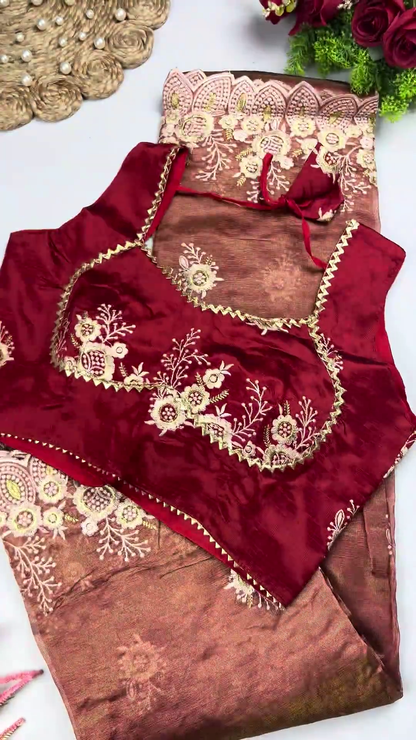 Maroon Velvet Heritage Blouse with Floral Zari and Scalloped Metallic Saree Set