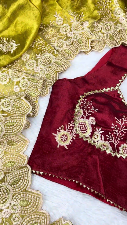 Maroon Velvet Heritage Blouse with Lime Gold Scalloped Saree Set