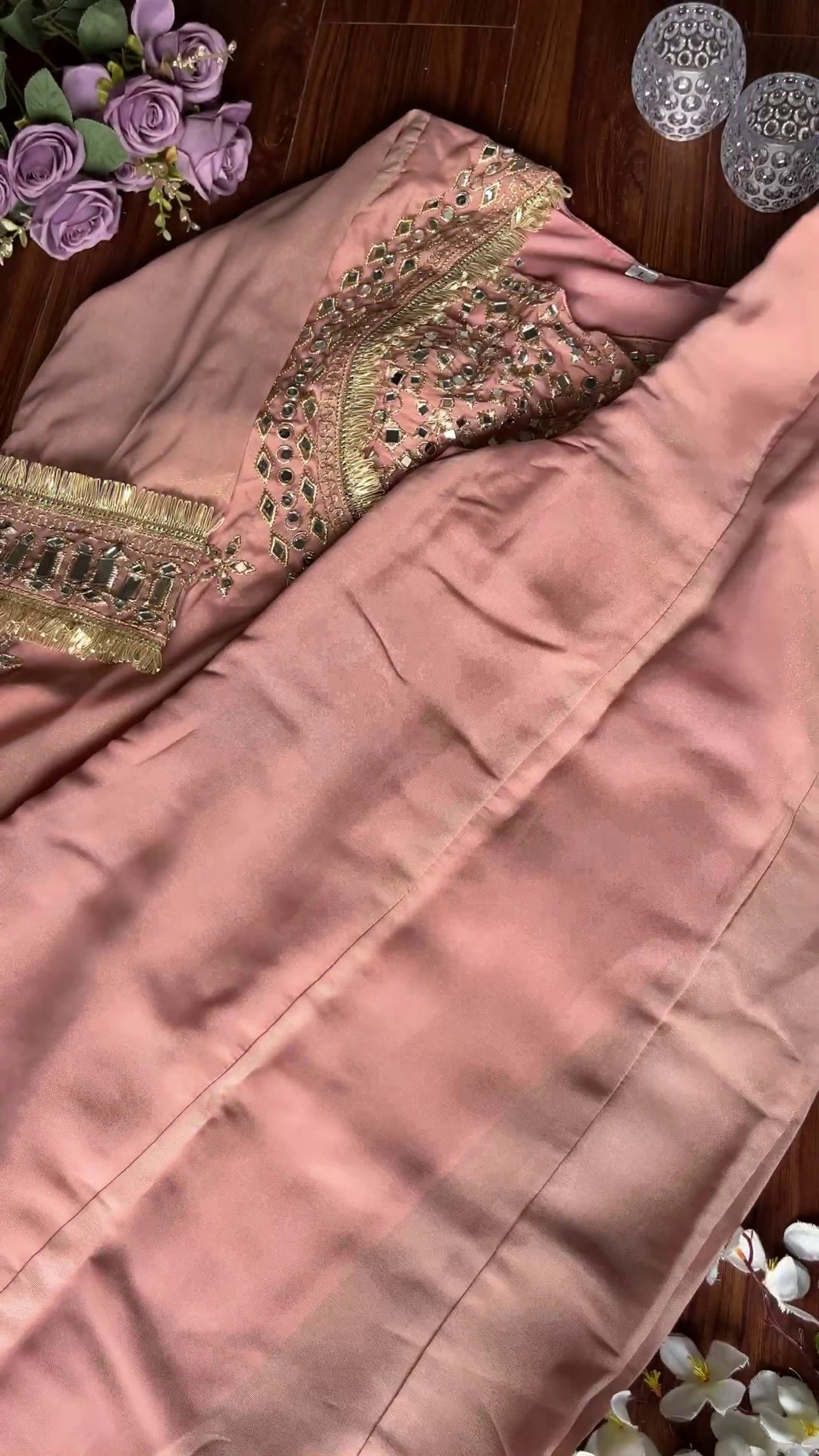 Dusty Rose Silk Kurti with Mosaic Mirror Work and Gota Fringe