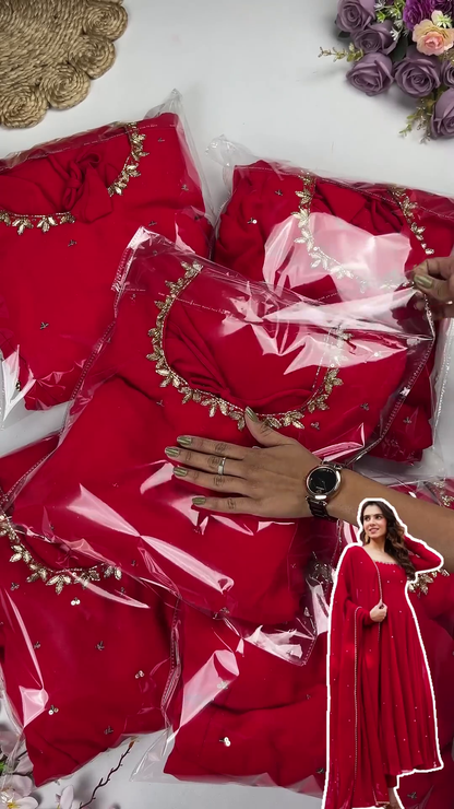 Ruby Red Georgette Anarkali Gown with Zari Embroidered Neckline