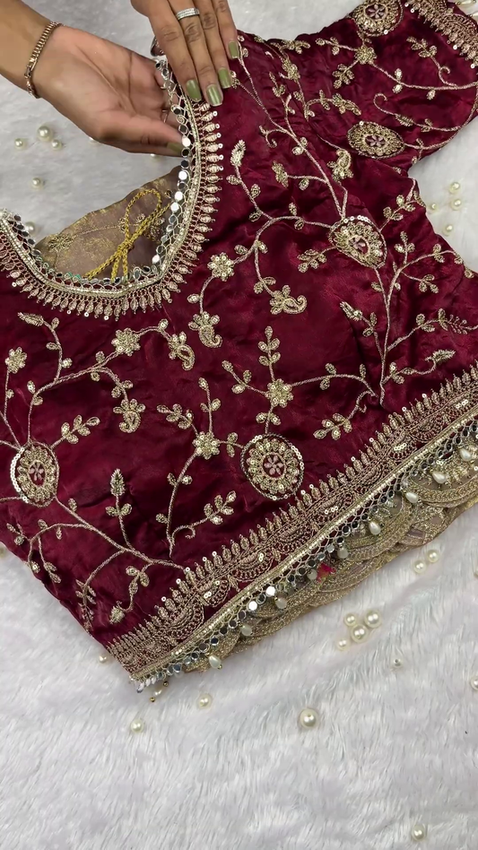 Maroon Velvet Heritage Blouse and Mauve Scalloped Organza Saree Set