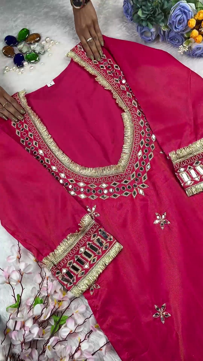 Hot Pink Silk Kurti with Geometric Mirror Mosaic and Gota Fringe