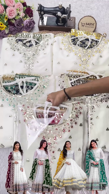 White Georgette Flared Anarkali with Sequin Floral Embroidery