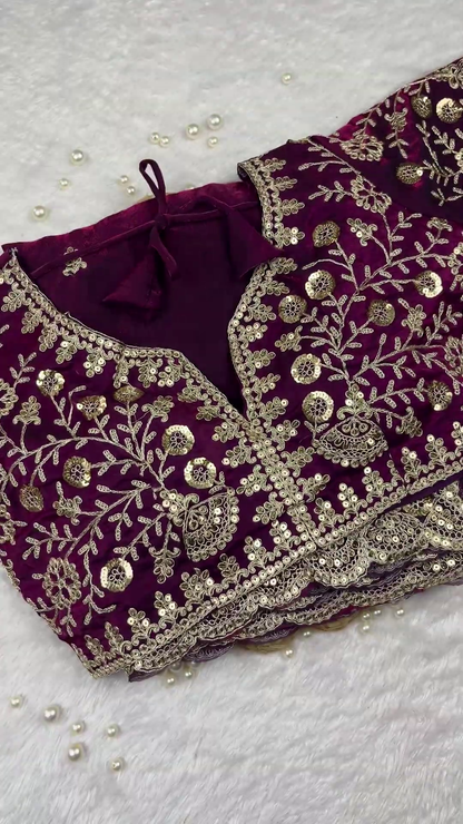 Plum Velvet Heritage Blouse and Scalloped Saree Set