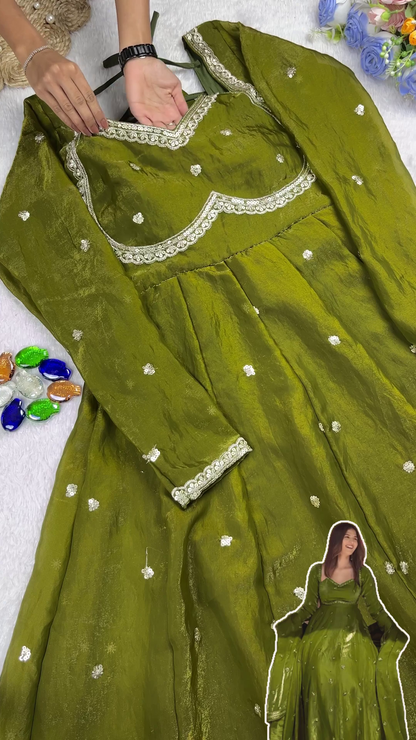 Olive Green Shimmer Silk Anarkali with Multi-Tie Lattice Back