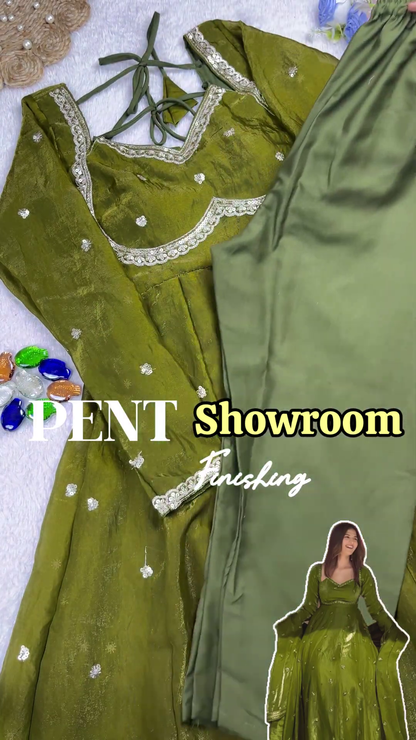 Olive Green Shimmer Silk Anarkali with Multi-Tie Lattice Back