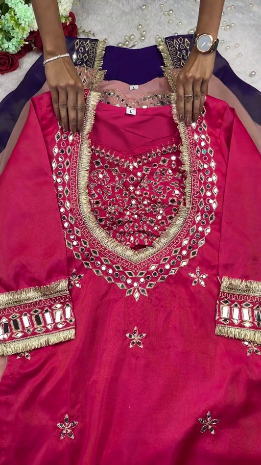 Radiant Rani Pink Silk Kurti with Geometric Mirror Work and Gota Fringe