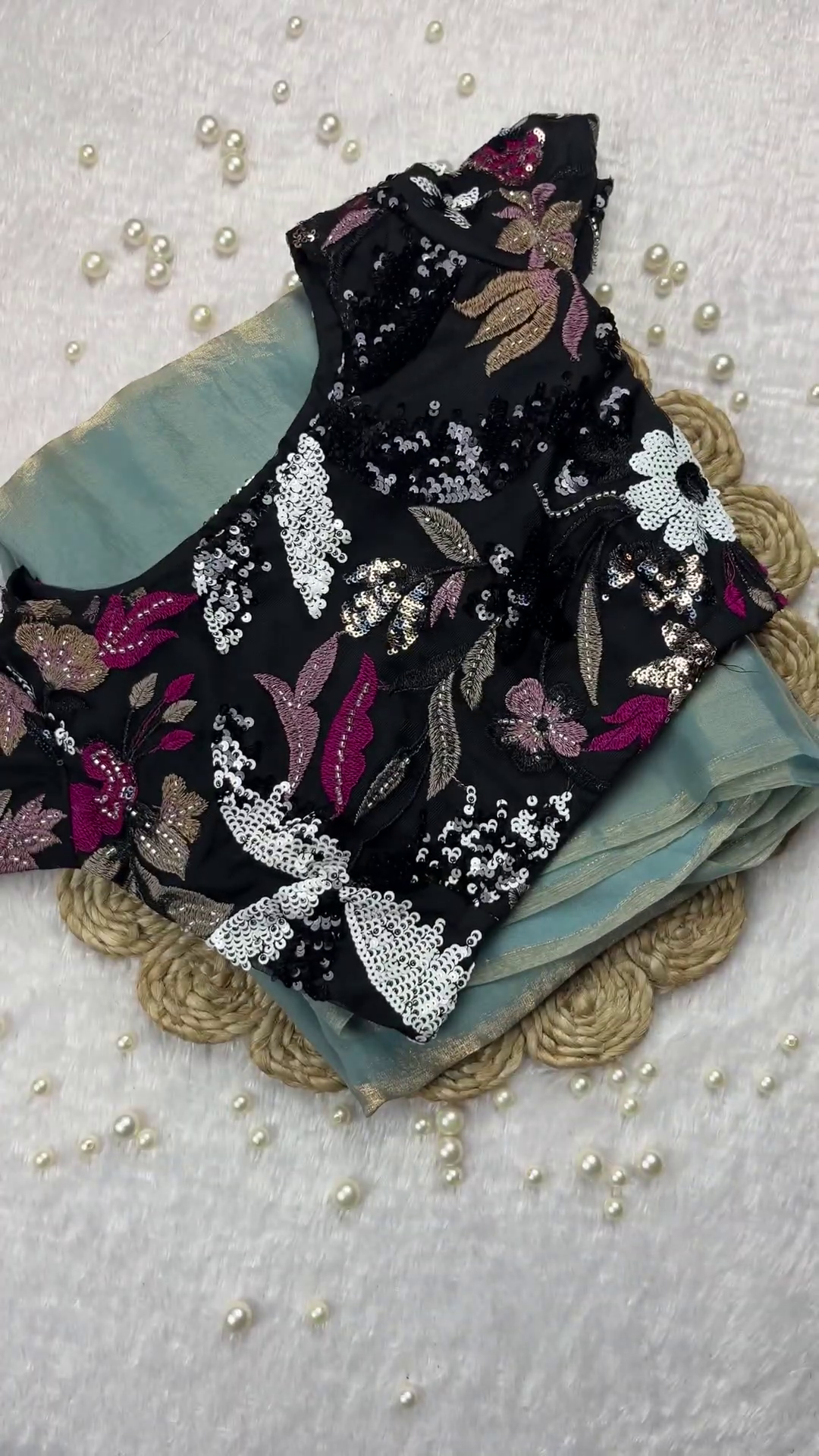 Midnight Black Sequin Floral Blouse with Mint Green Shimmer Saree