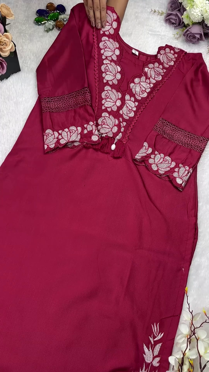 Embroidered Rose Silk Kurti with Lace-Trimmed Cuffs and Tassels