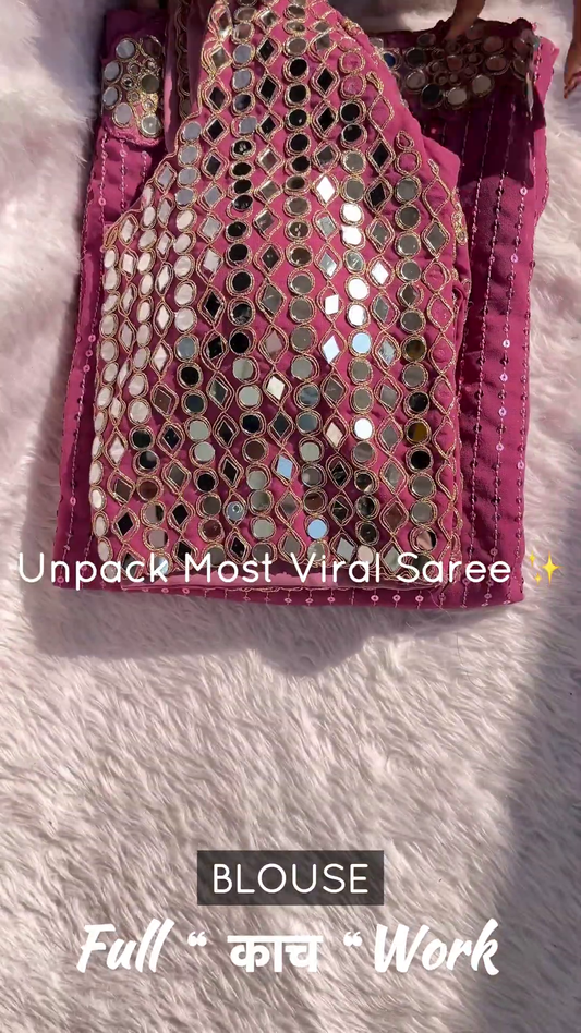 Fuschia Pink Silk-Blend Blouse with Mosaic Mirror-Work and Sequin Stripes