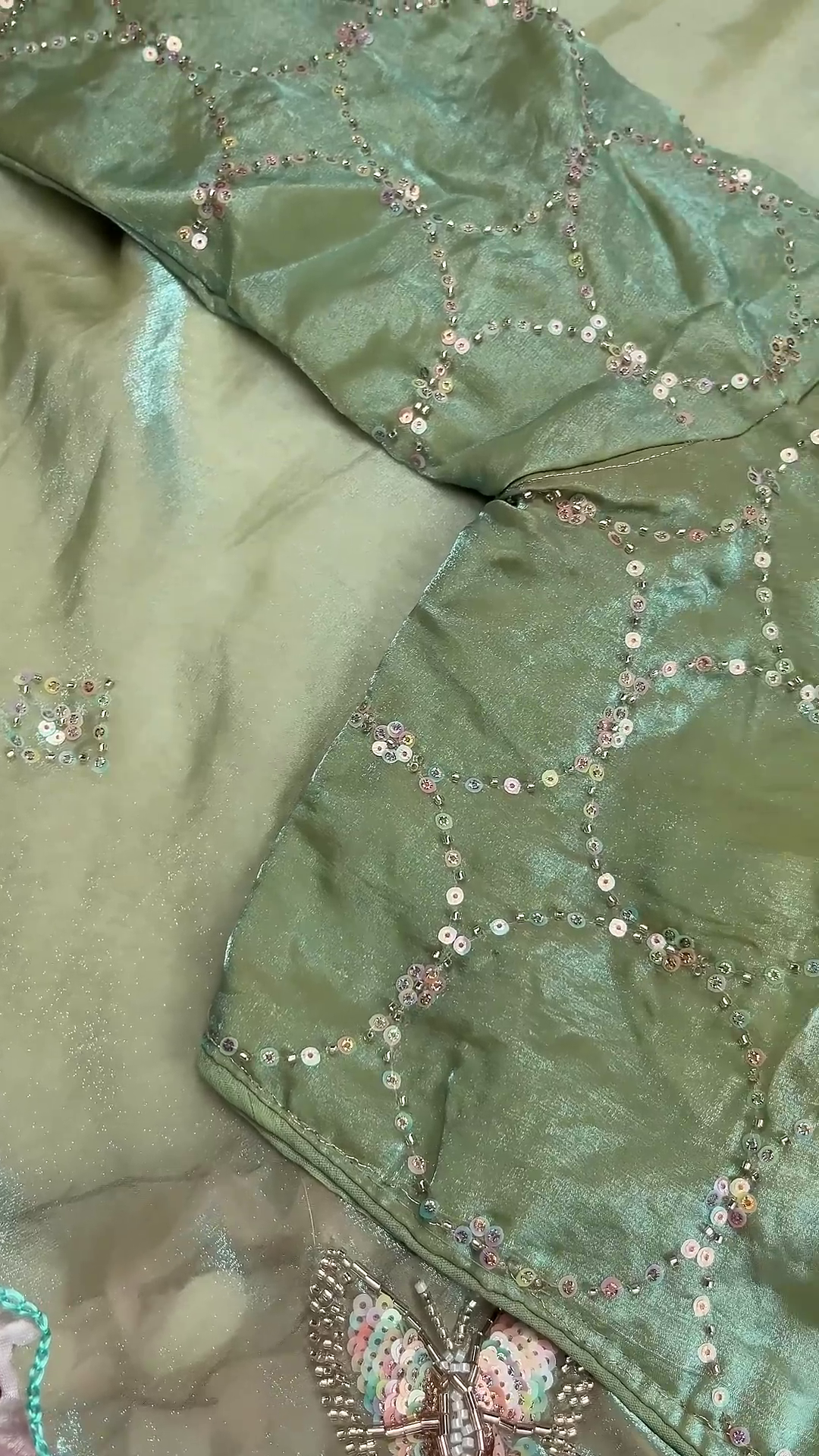 Sage Green Shimmer Silk Set with Pastel Sequin Lattice