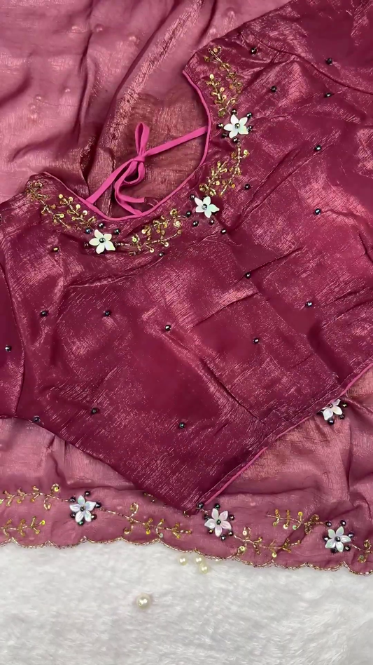 Dusty Rose Shimmer Tunic with 3D Floral Appliqués and Scalloped Border