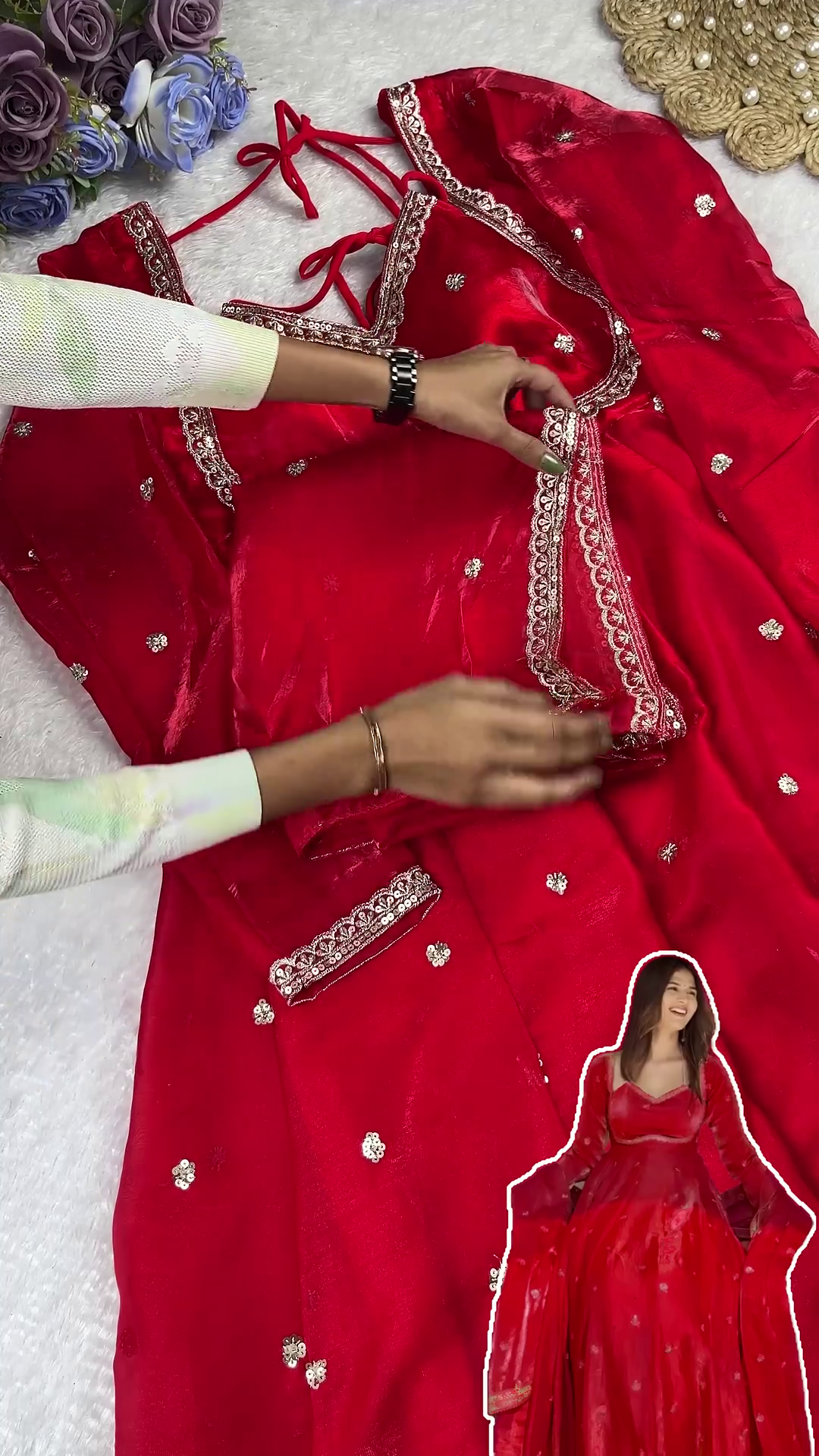 Ruby Red Shimmer Silk Anarkali with Scalloped Zari Borders