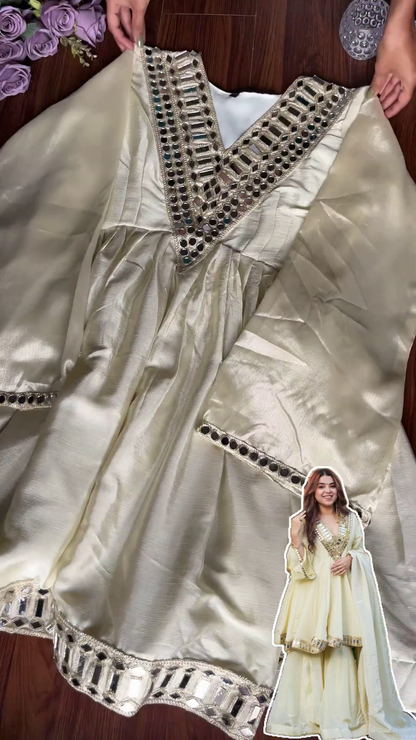Cream Shimmer Silk Anarkali with Geometric Mirror Mosaic