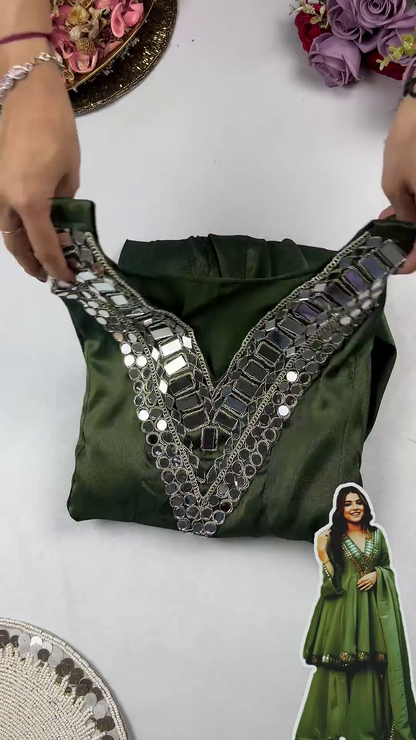 Olive Green Shimmer Silk Anarkali with Geometric Mirror Mosaic