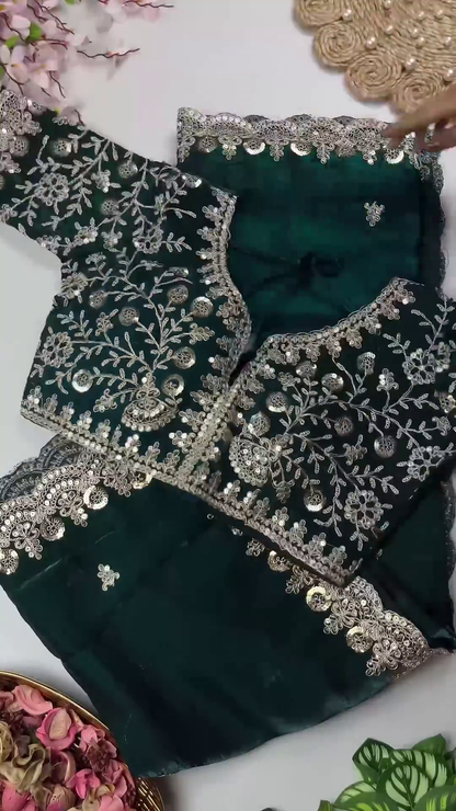Jewel-Toned Silk Heritage Blouse and Scalloped Saree Set