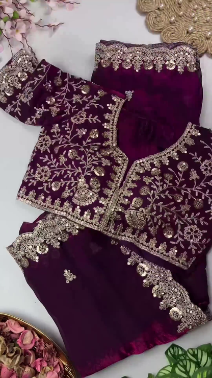 Jewel-Toned Silk Heritage Blouse and Scalloped Saree Set
