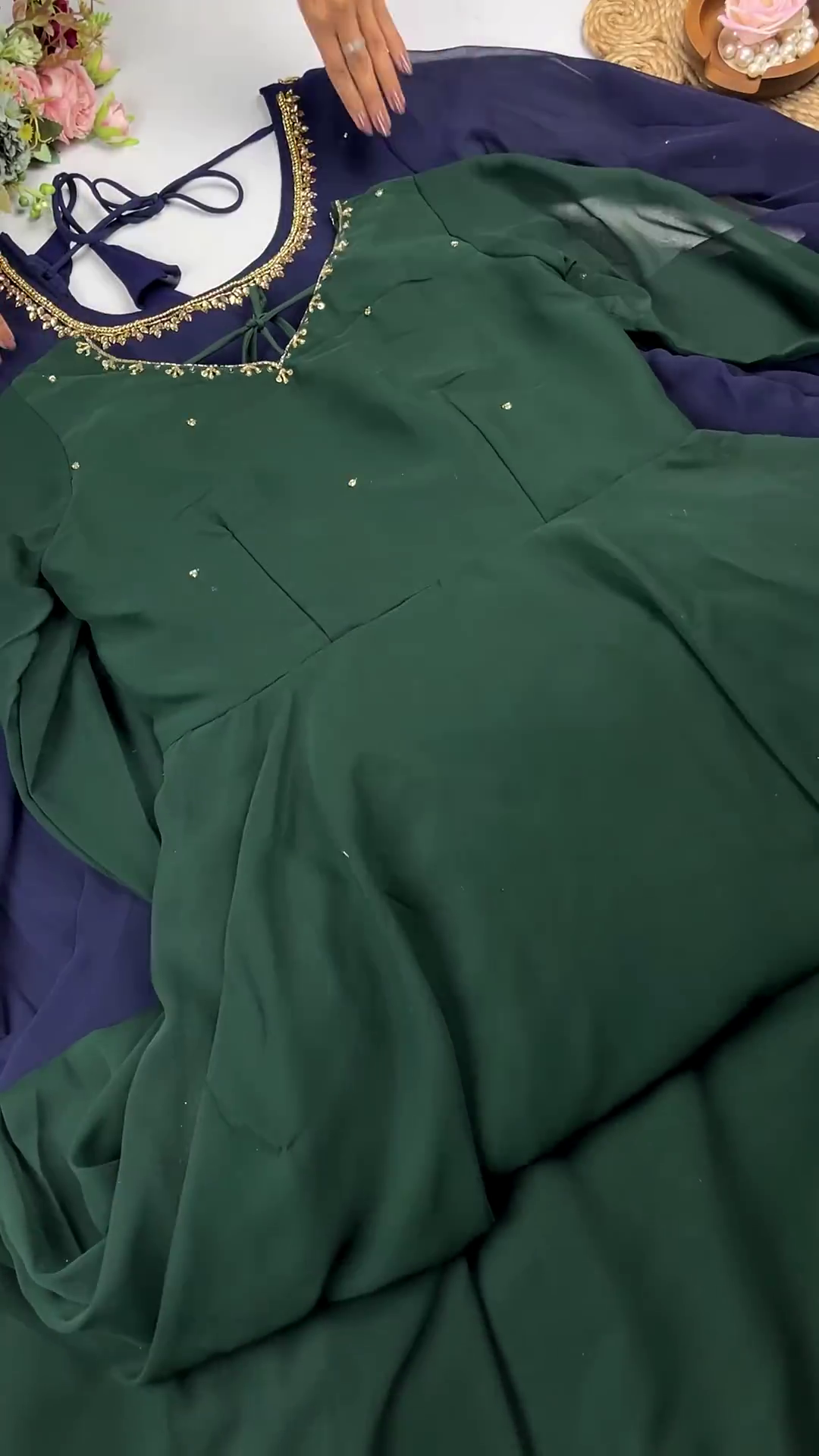 Jewel-Toned Georgette Anarkali with Golden Zari and Bead Neckline