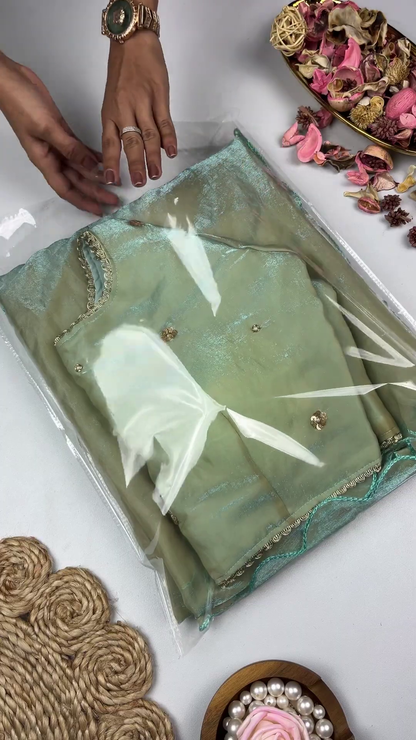 Seafoam Mint Shimmer Silk Blouse with Scalloped Zari Border