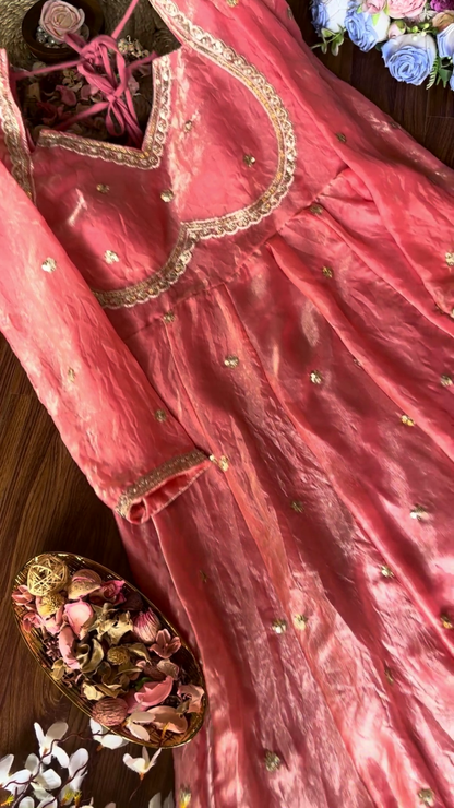 Dusty Rose Shimmer Silk Anarkali with Scalloped Zari Borders
