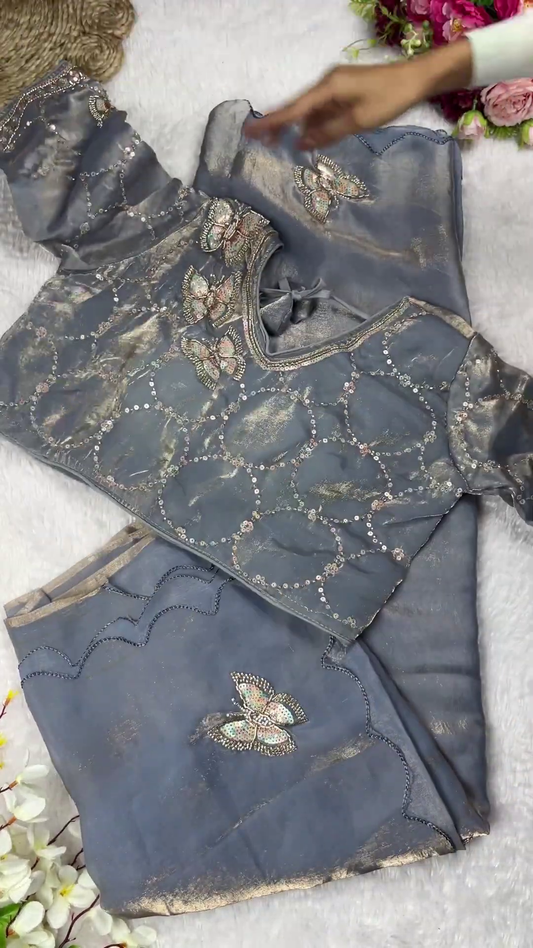 Jewel-Toned Shimmer Blouse with 3D Butterfly Appliqués and Scalloped Saree Set