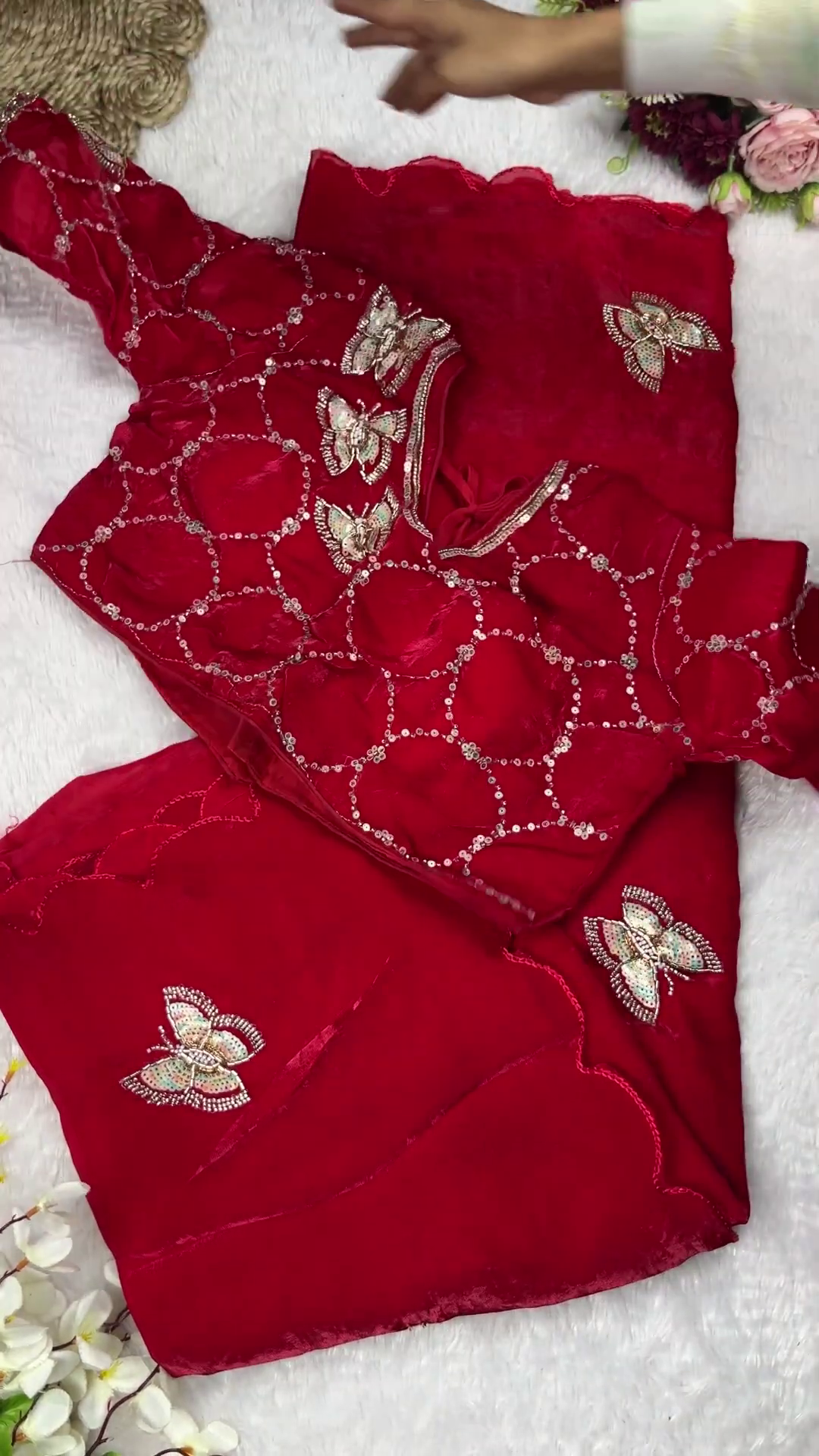 Jewel-Toned Shimmer Blouse with 3D Butterfly Appliqués and Scalloped Saree Set