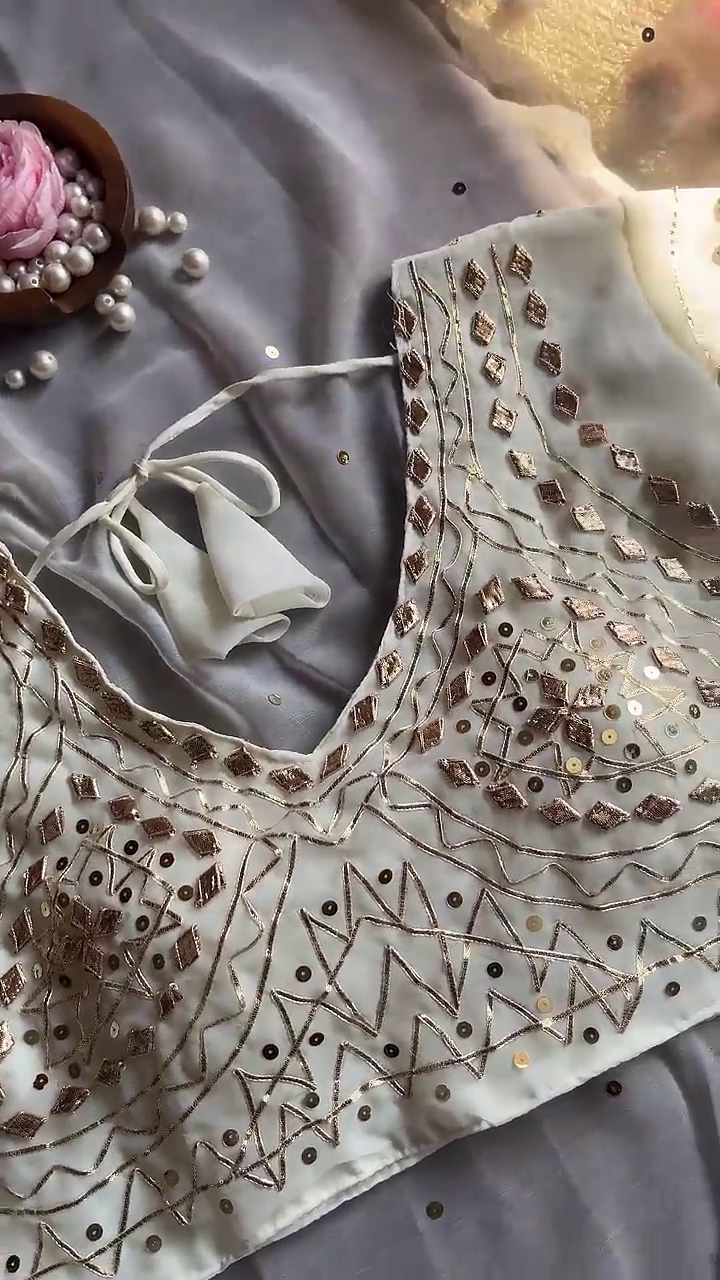 Ivory Georgette Blouse with Geometric Gota-Patti and Sequin Stripes