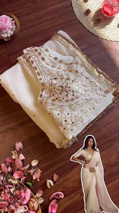 Ivory Georgette Blouse with Geometric Gota-Patti and Sequin Stripes