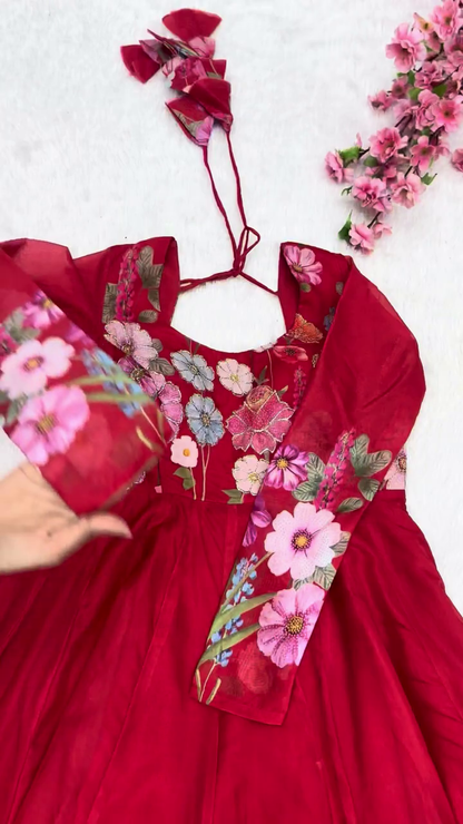 Vibrant Crimson Georgette Anarkali with Botanical Floral Accents
