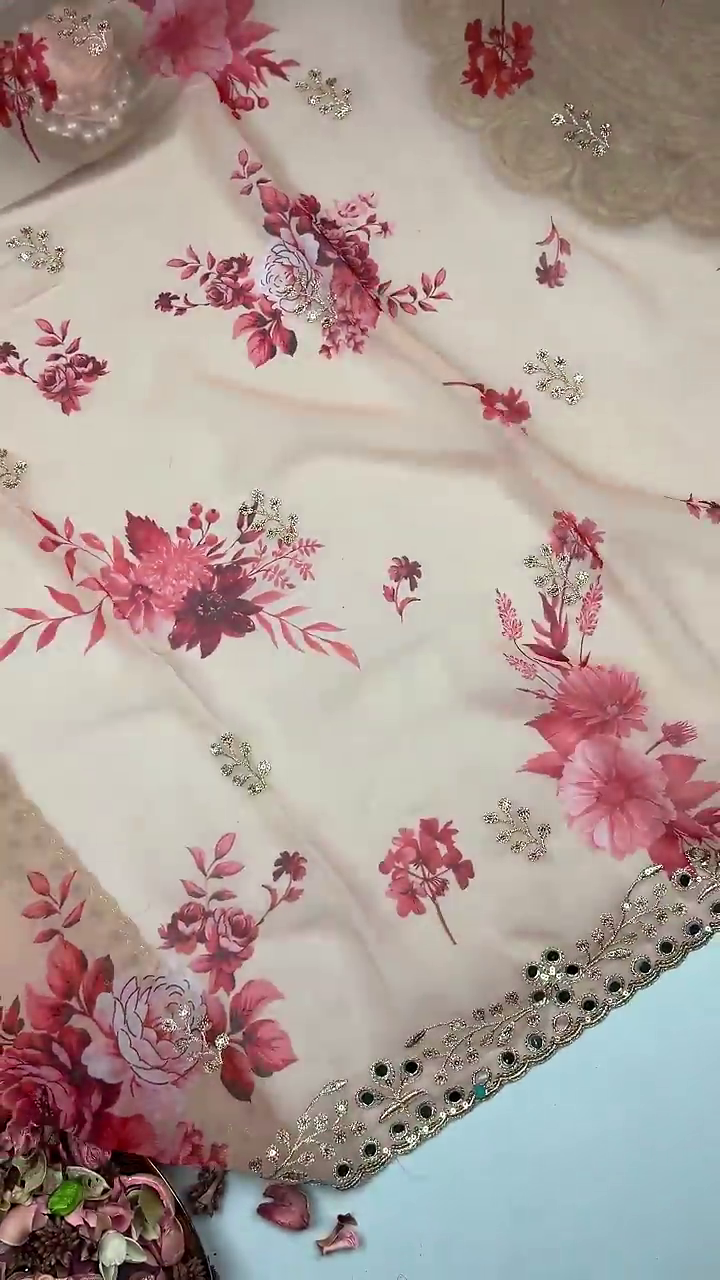 Peach Organza Saree with Red Rose Print and Scalloped Mirror-Work Border