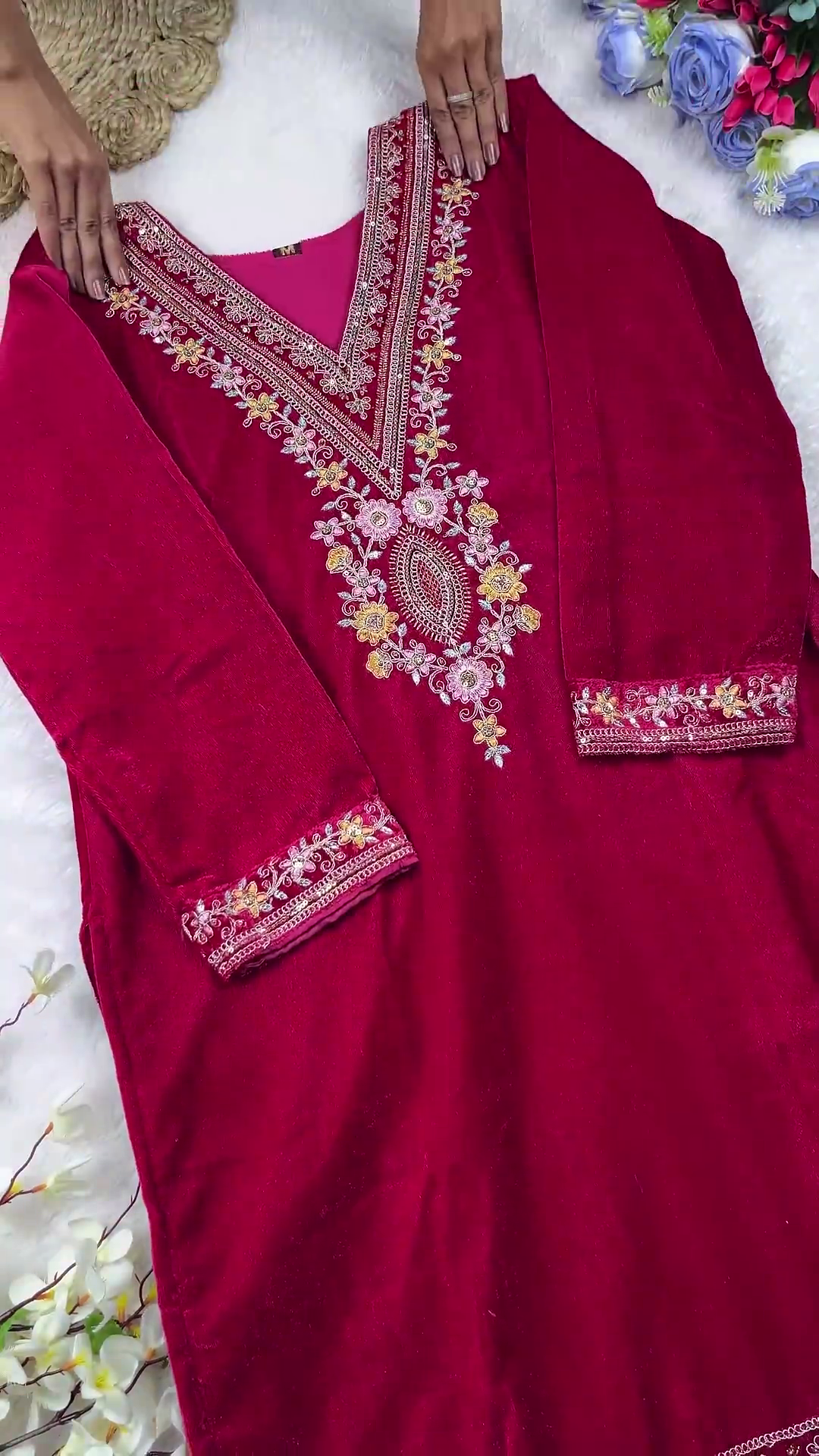 Majestic Velvet Kurta Set with Intricate Floral V-Neck Embroidery