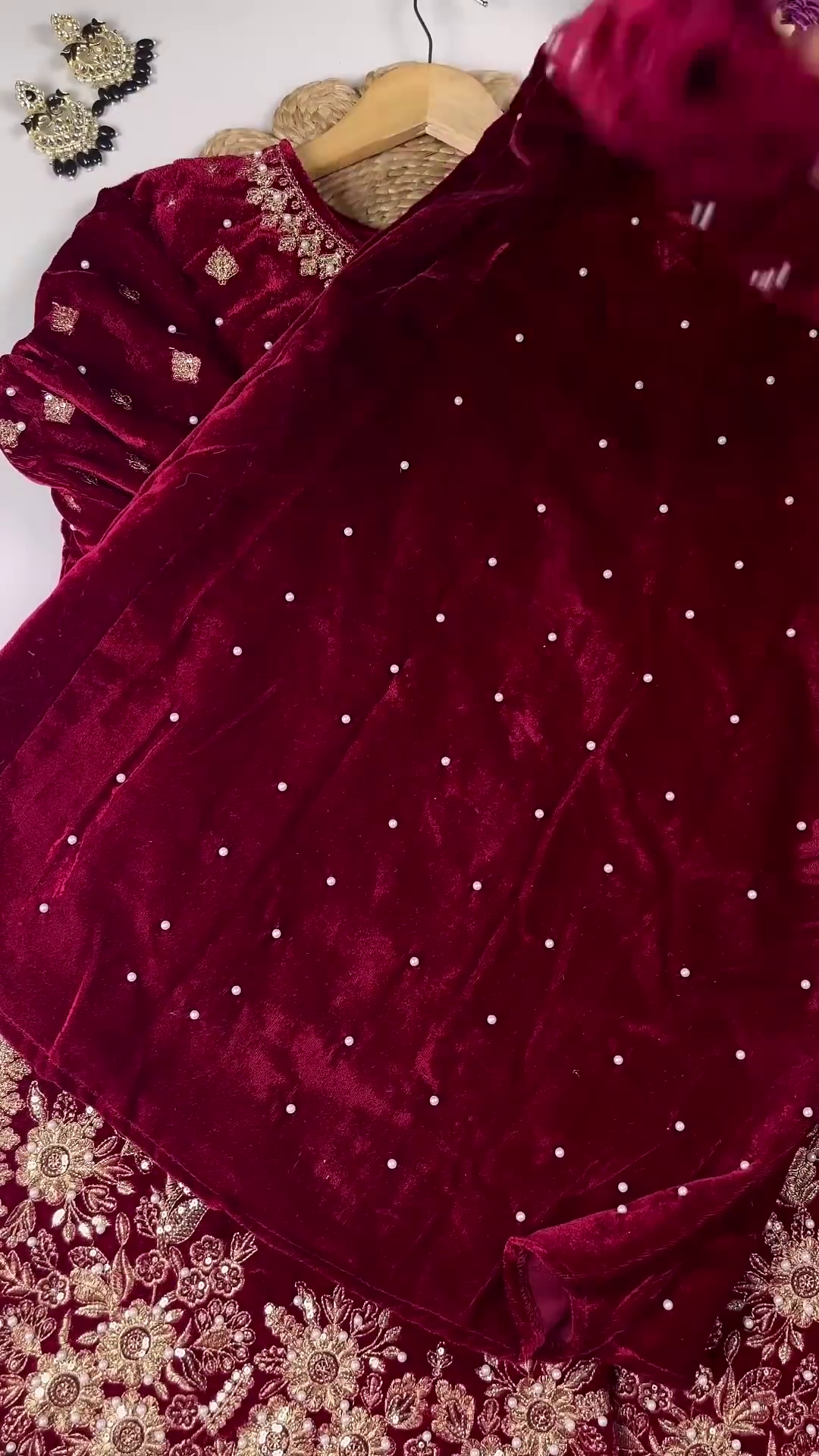 Regal Ruby Velvet Anarkali with Golden Floral Zari and Sequin Embroidery