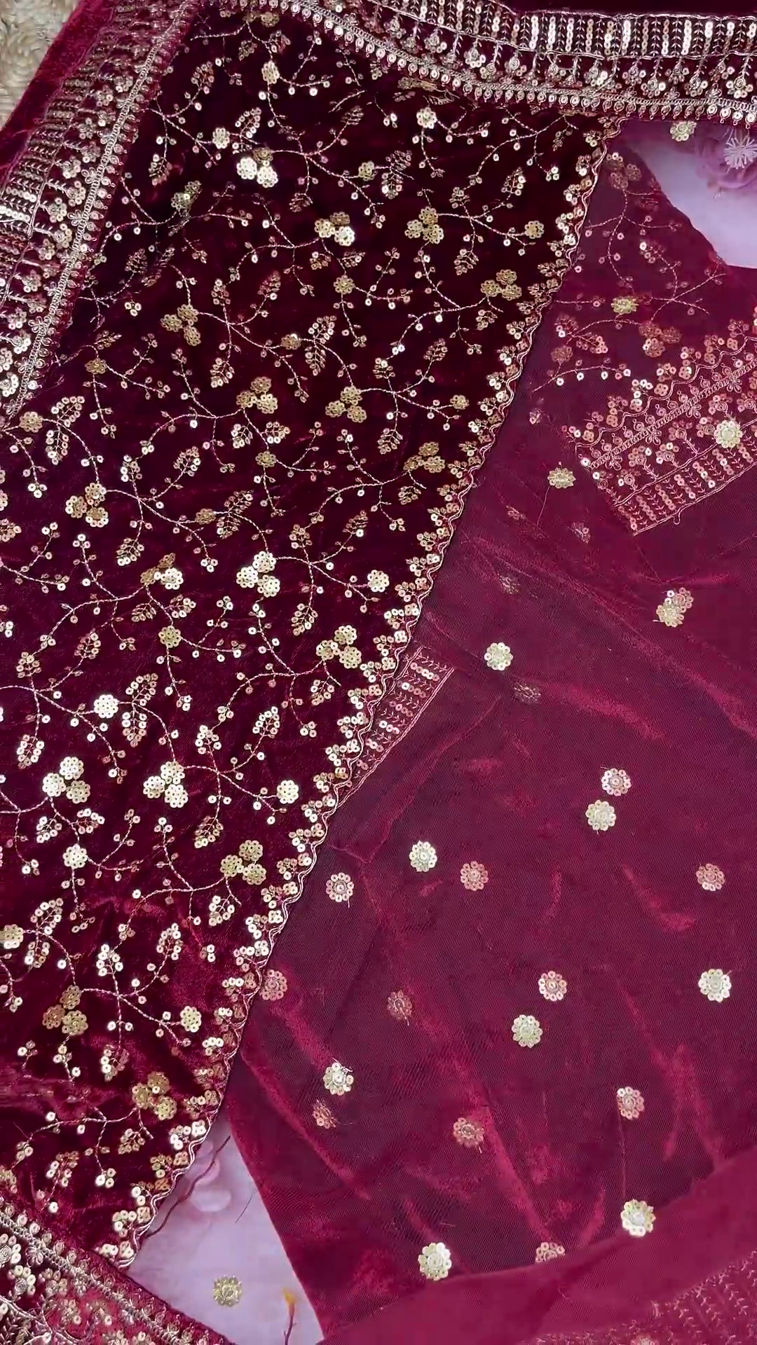 Majestic Ruby Velvet Anarkali with Golden Floral Zari and Sequin Embroidery