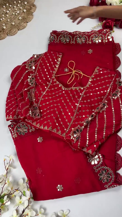 Georgette Saree Set with Hand-Embroidered Mirror-Work Floral Border