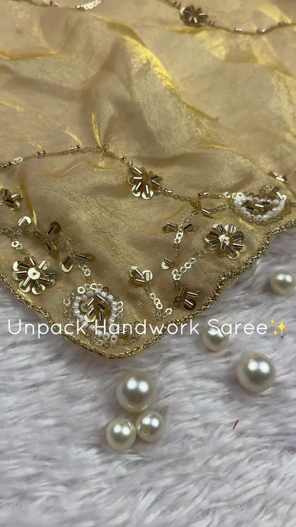Champagne Gold Handwork Saree with Wine Velvet Border and Floral Zari