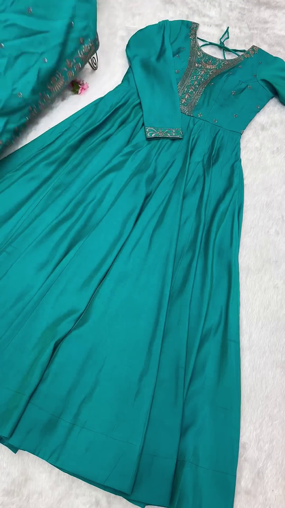 Emerald Teal Silk Anarkali Set with Intricate Zari and Threadwork Bodice