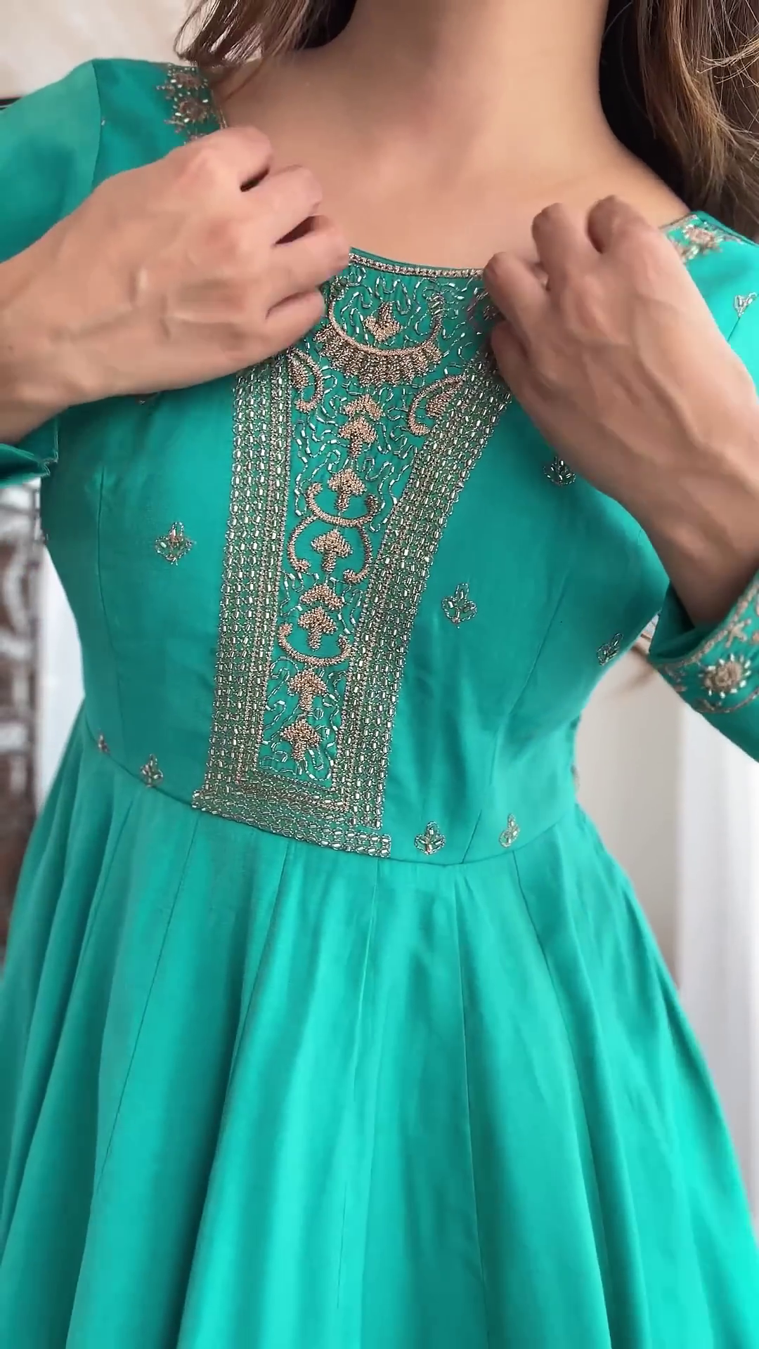 Emerald Teal Silk Anarkali Set with Intricate Zari and Threadwork Bodice