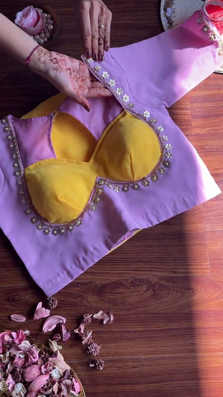 Lavender and Mustard Contrast Silk-Blend Blouse with Floral Sequin Borders