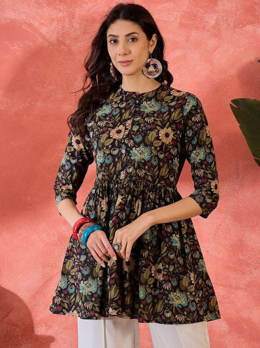 Floral Printed Mandarin Collar Longline Top