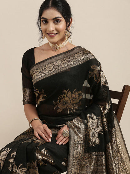 Black Floral Linen Blend Banarasi Saree