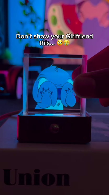 Premium 3D Laser-Engraved Crystal Cube Night Light – Stitch Edition with Color-Changing LED Wooden Base