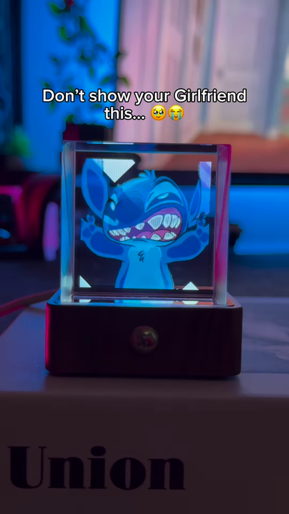 Premium 3D Laser-Engraved Crystal Cube Night Light – Stitch Edition with Color-Changing LED Wooden Base